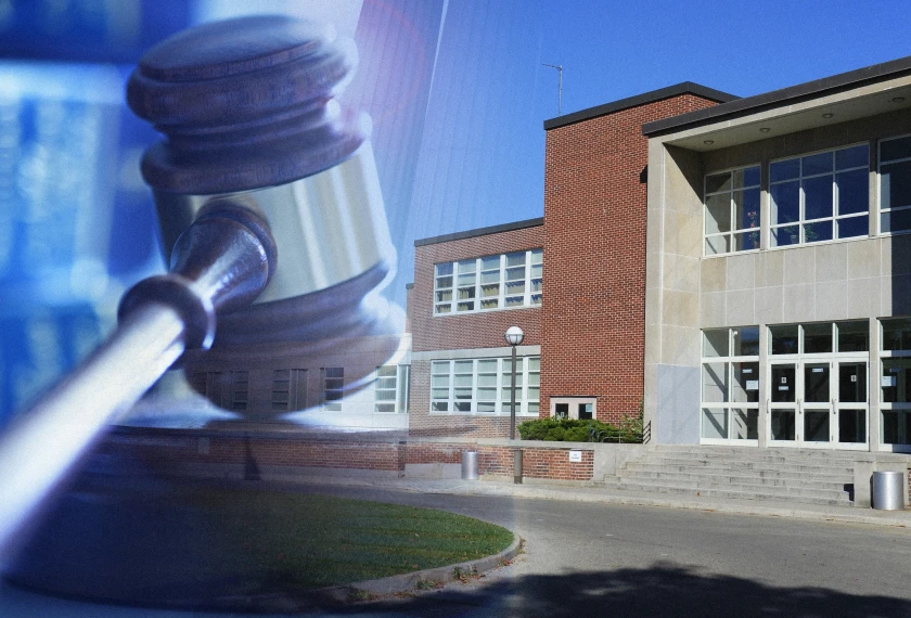 Gavel striking down on the left side of the image, superimposed over the exterior of a school